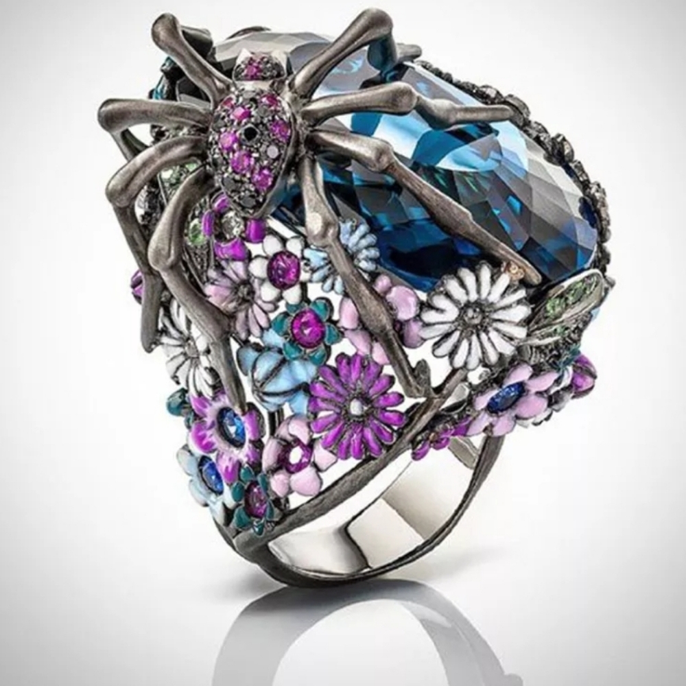 925 stamped silver plated pink blue crystal flower spider ring Multiple sizes